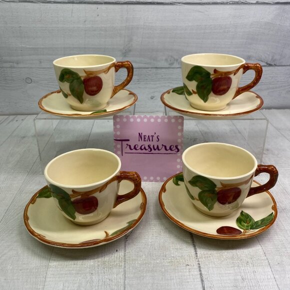 Vintage Franciscan APPLE  California Earthenware 8oz Cups Mugs & Saucers Set 4 - Picture 1 of 16